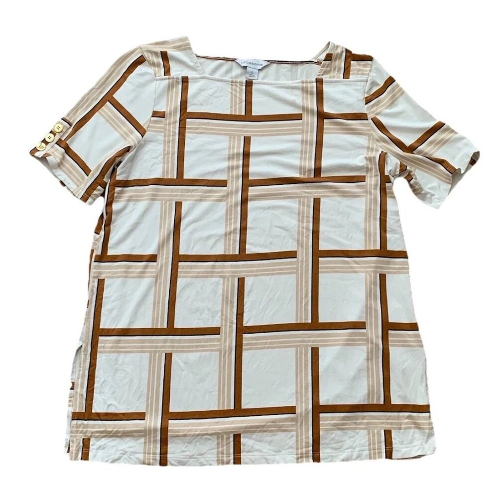Liz Claiborne Tunic Shirt Plaid White Brown Women Large Square Neck Stretch